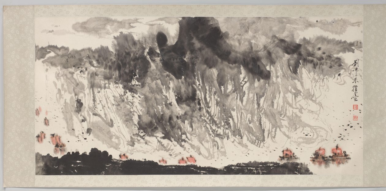 Vingerschildering van landschap met schepen door Liu Zhongdong