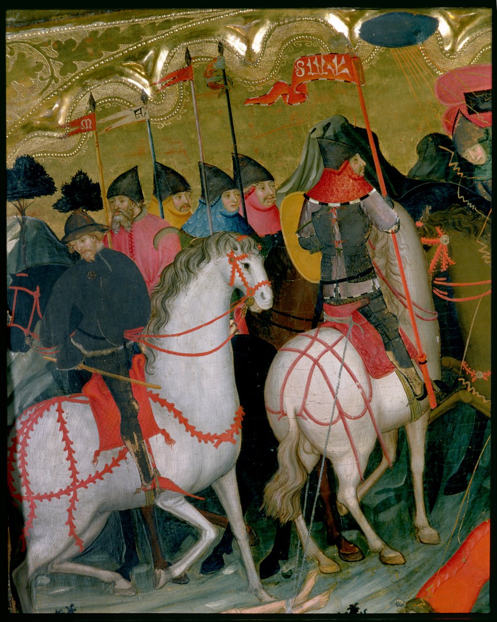 Bereden soldaten, detail van het altaarstuk van de Maagd en St. Joris, ca.1390-1400 door Lluís Borrassà