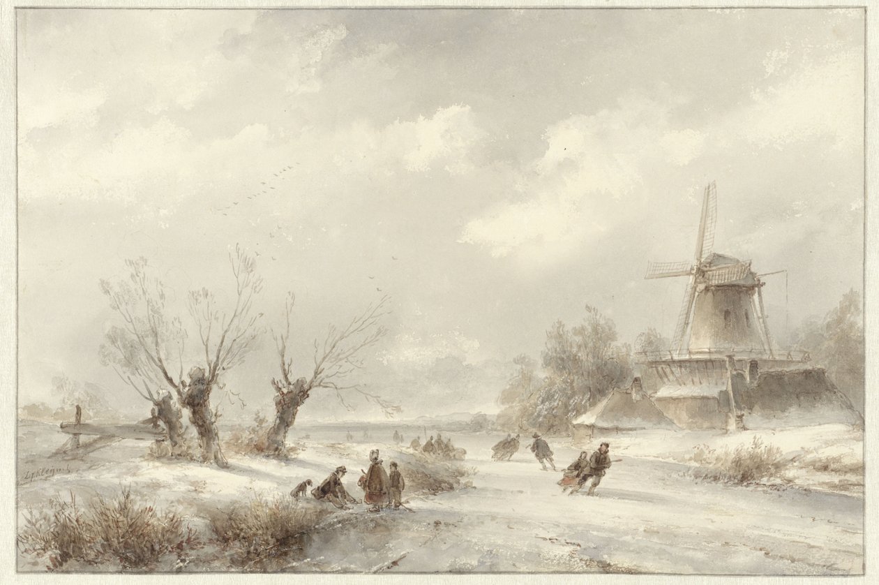 Winterlandschap met schaatsenrijders bij een molen door Lodewijk Johannes Kleijn