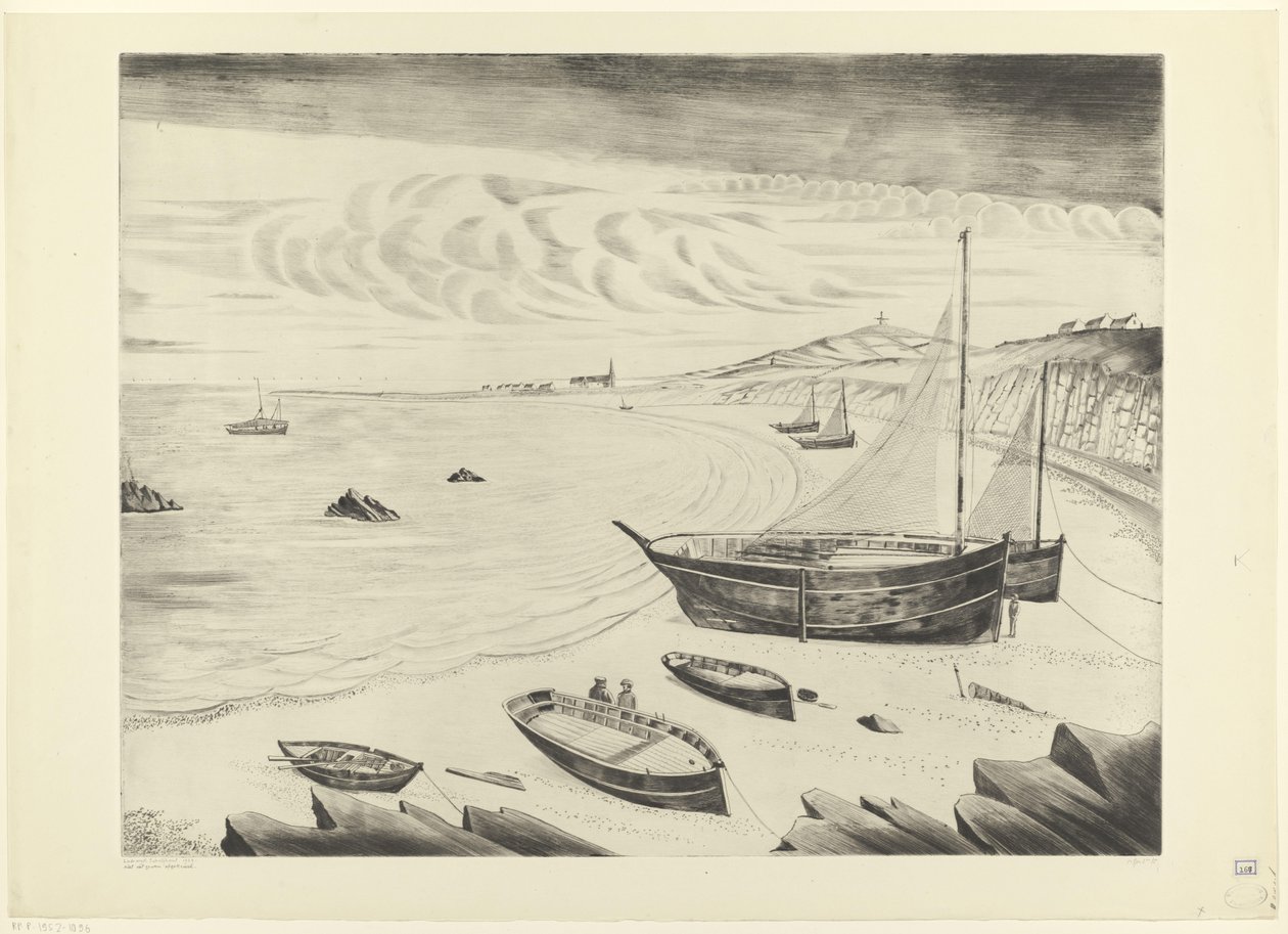 Acht afgemeerde schepen op een strand door Lodewijk Schelfhout (signed by artist)