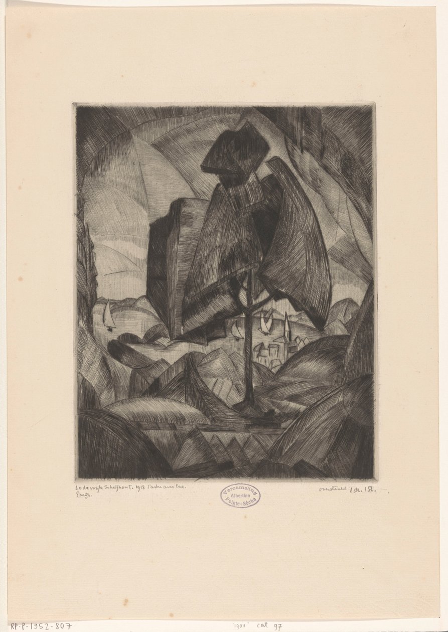 Boom in een heuvellandschap met meer door Lodewijk Schelfhout (signed by artist)