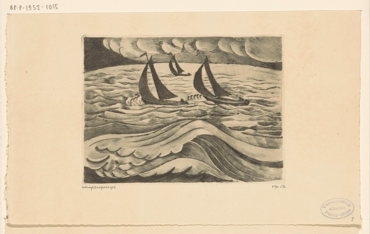 Drie zeilschepen bij storm op zee door Lodewijk Schelfhout (signed by artist)