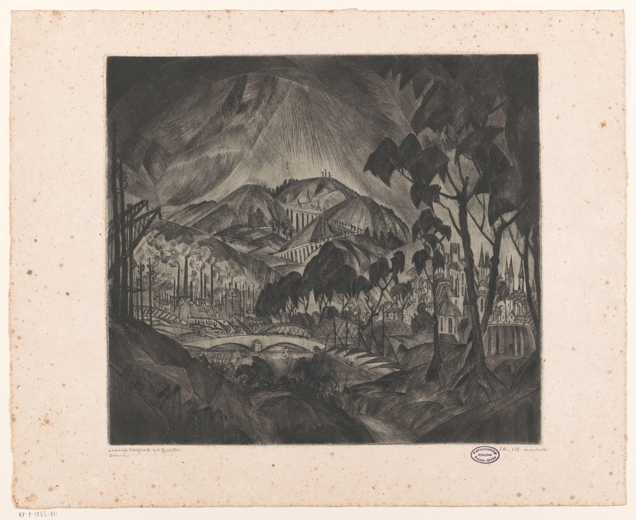Heuvellandschap met industrie door Lodewijk Schelfhout (signed by artist)