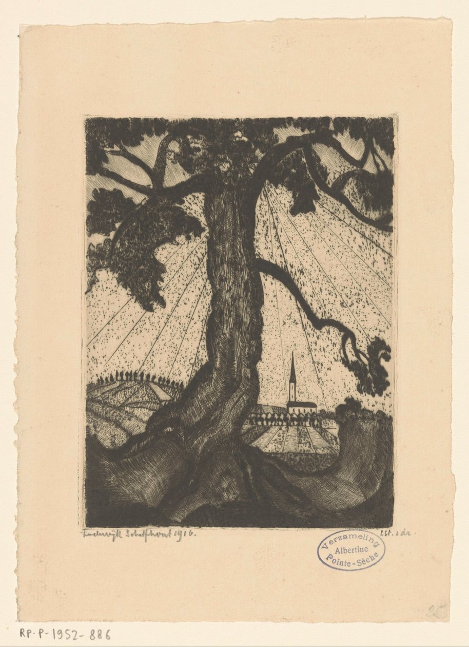 Heuvellandschap met nederzetting door Lodewijk Schelfhout (signed by artist)