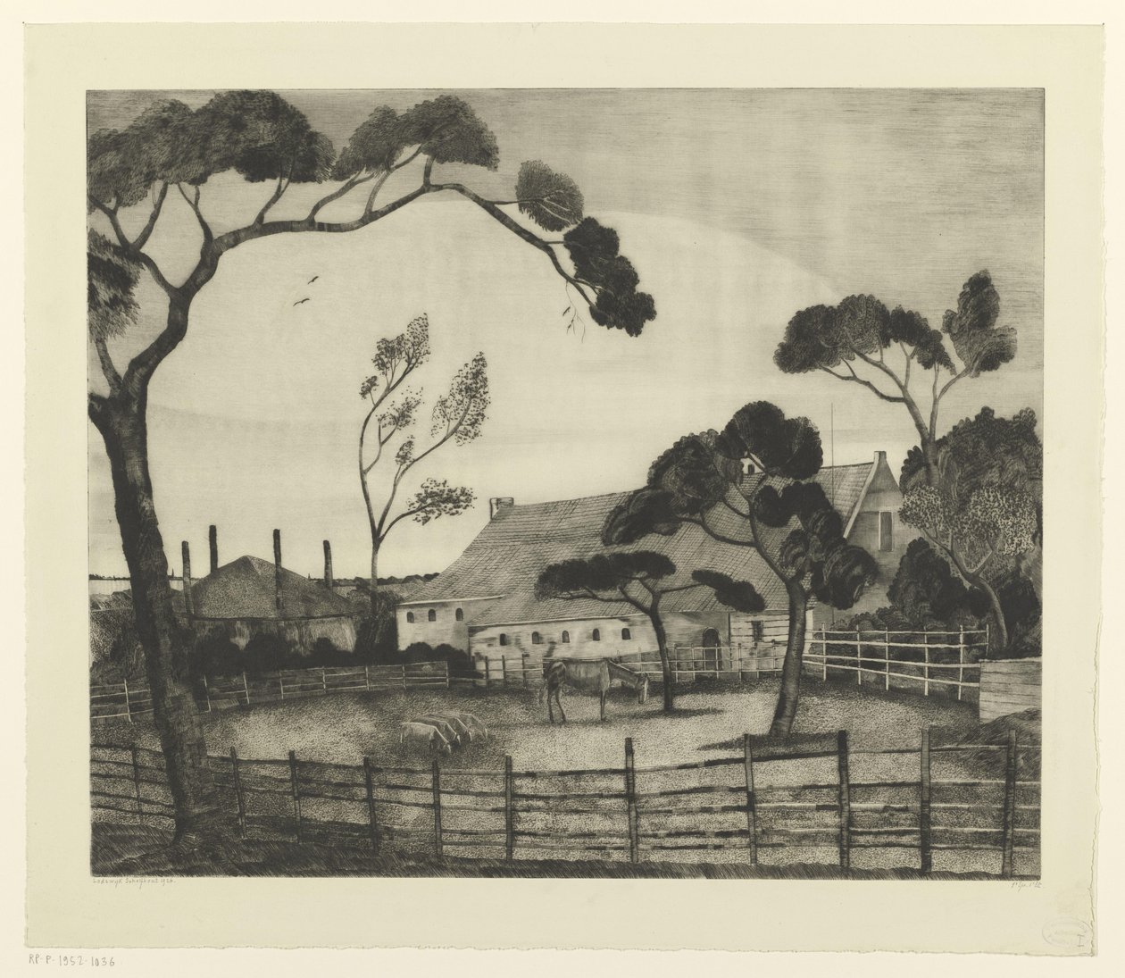 Hollands landschap met boerderij en weiland door Lodewijk Schelfhout (signed by artist)