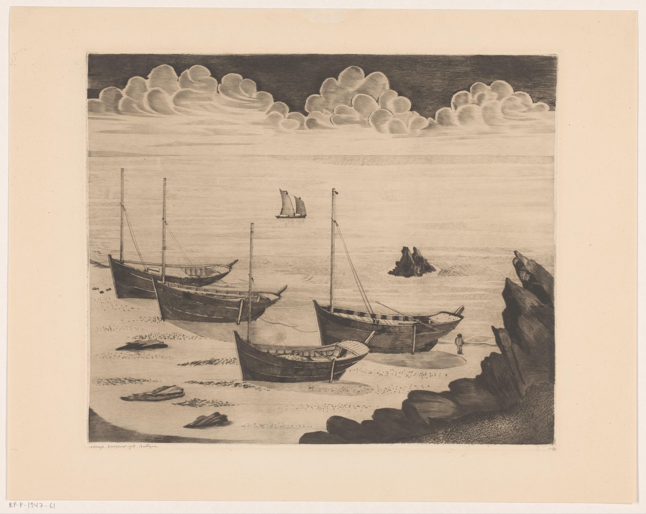 Vier afgemeerde schepen op een Bretons strand door Lodewijk Schelfhout (signed by artist)