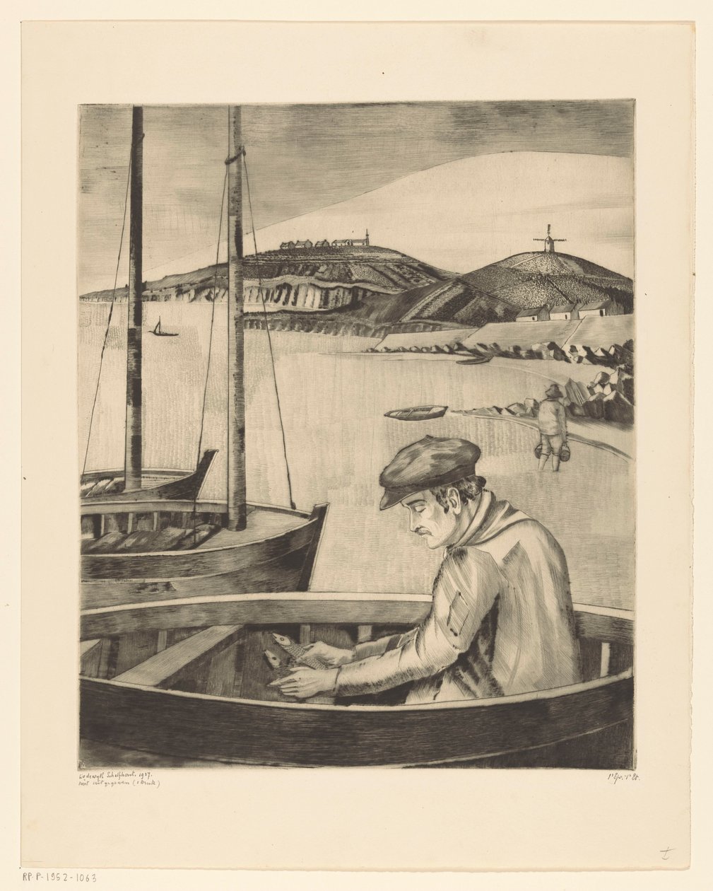 Visser in een afgemeerd schip door Lodewijk Schelfhout (signed by artist)