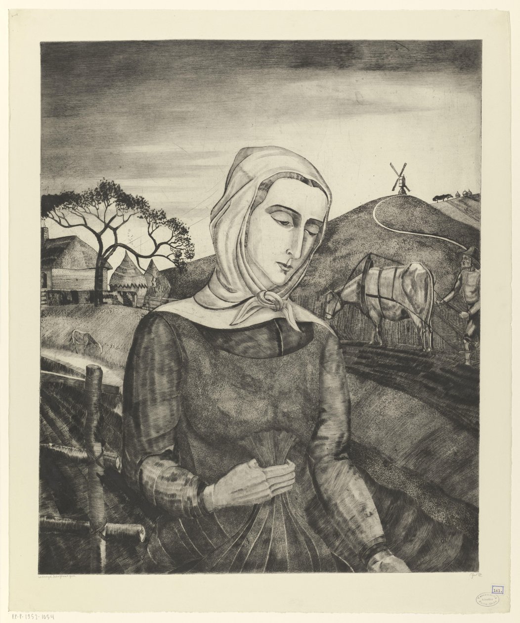 Vlaamse boerin in een heuvellandschap door Lodewijk Schelfhout (signed by artist)