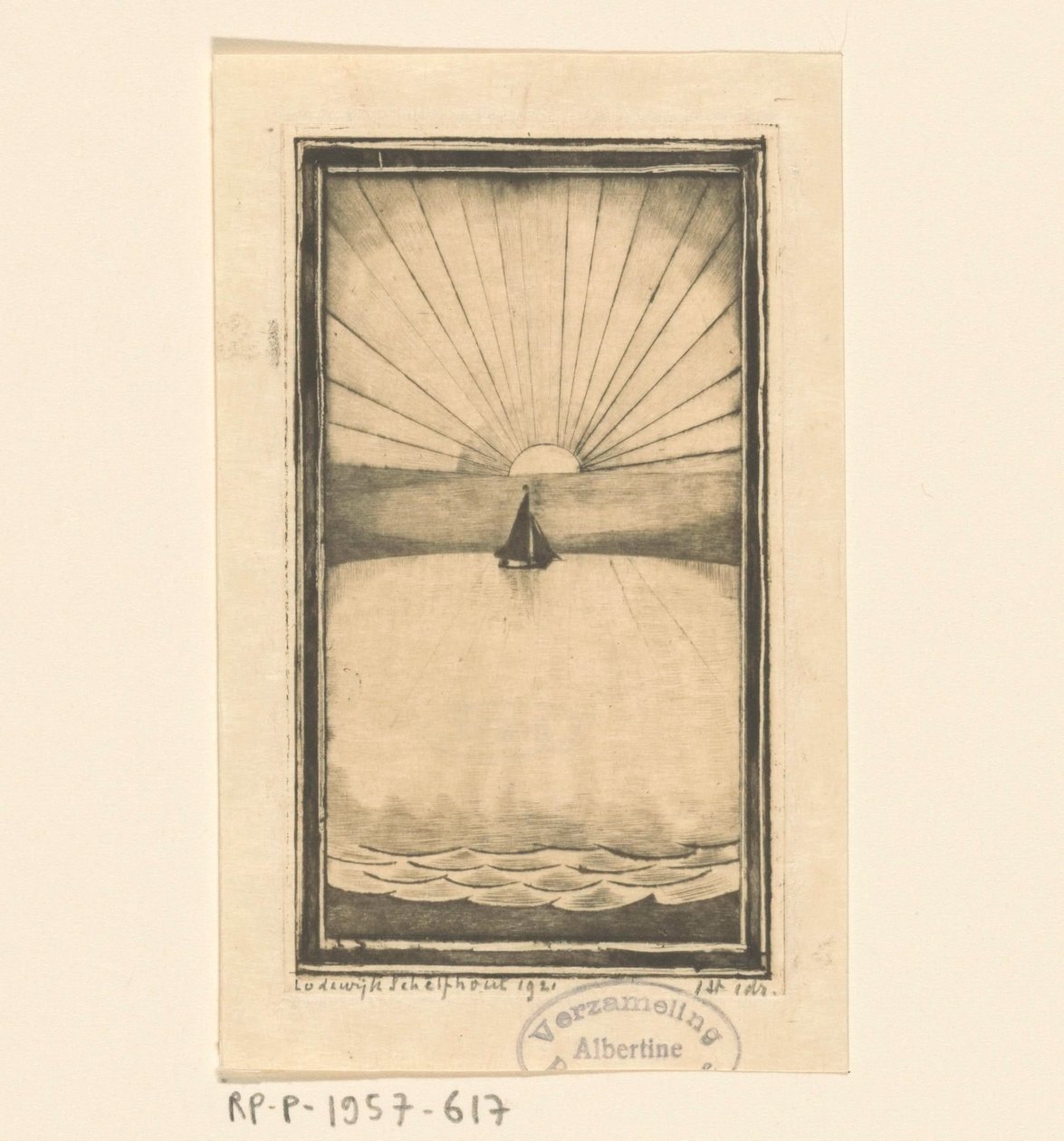 Zeilschip op zee bij opgaande of ondergaande zon door Lodewijk Schelfhout (signed by artist)