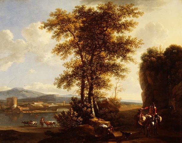 Een Italiaans bebost rivierlandschap met reizigers op een pad, een herder met vee en een stad in de verte door Lodewyck van Ludick