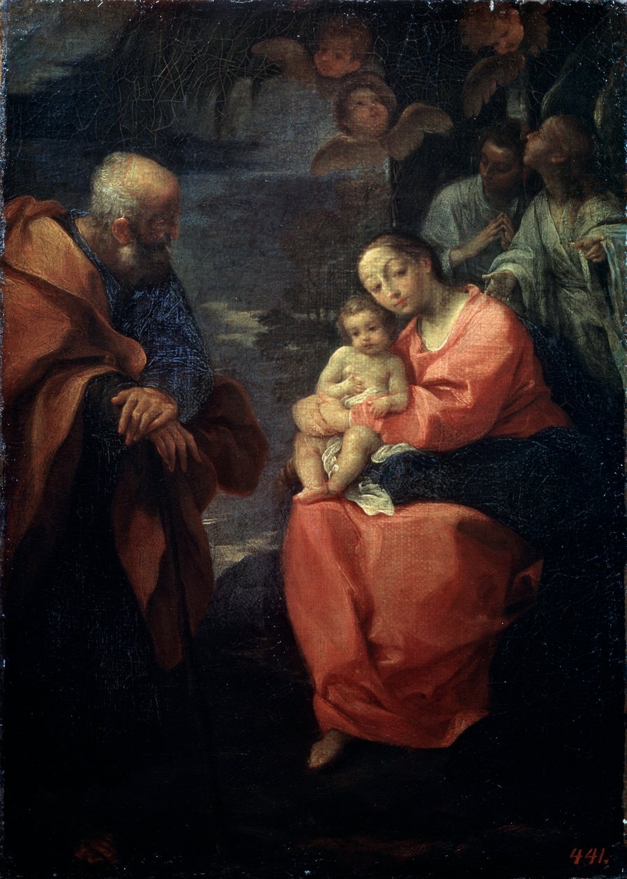 De Heilige Familie onder een palmboom, Rust tijdens de vlucht naar Egypte door Lodovico Carracci