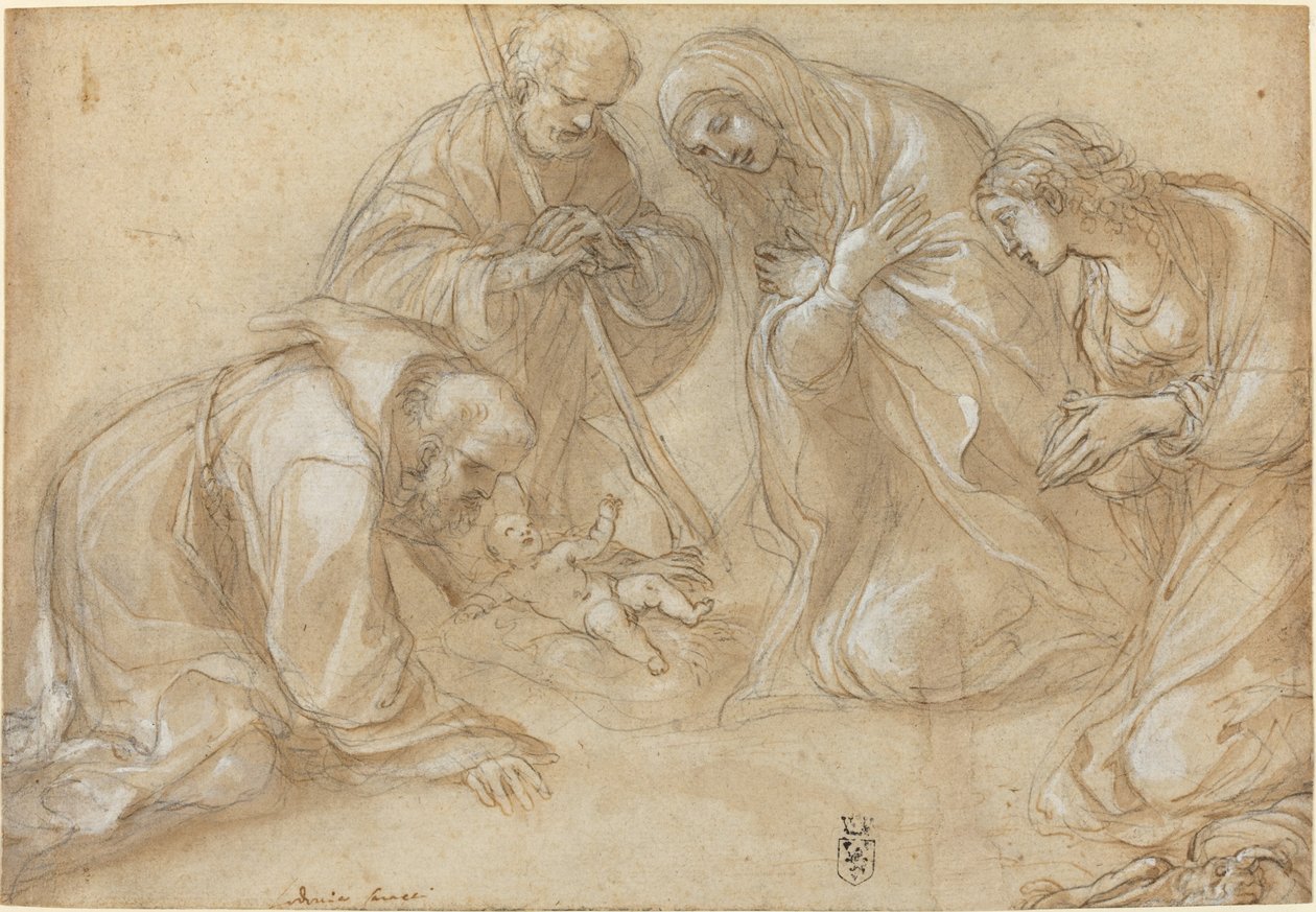 De geboorte met heiligen Franciscus en Agnes door Lodovico Carracci