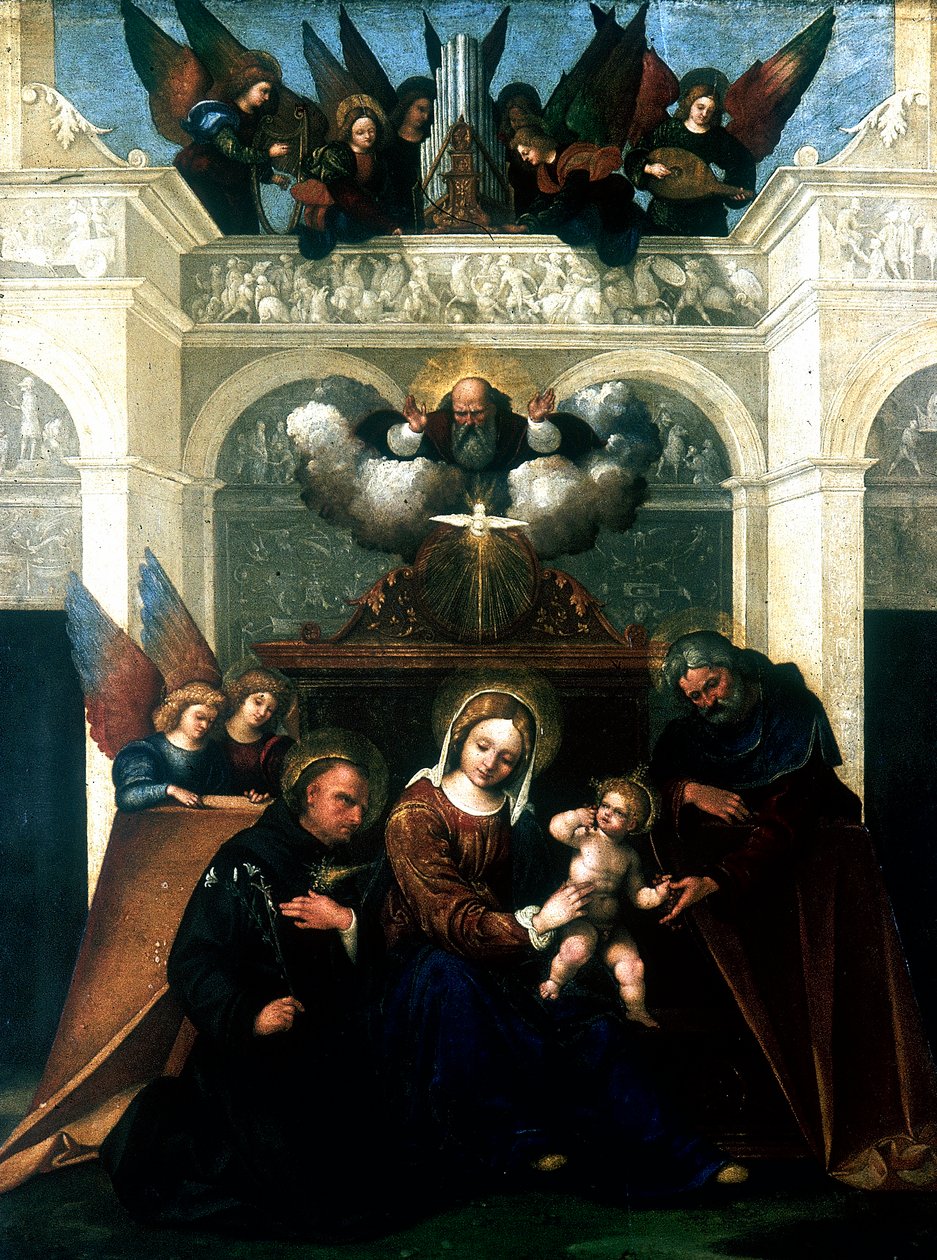 Heilige Familie met Sint Nicolaas van Tolentino door Lodovico Mazzolini
