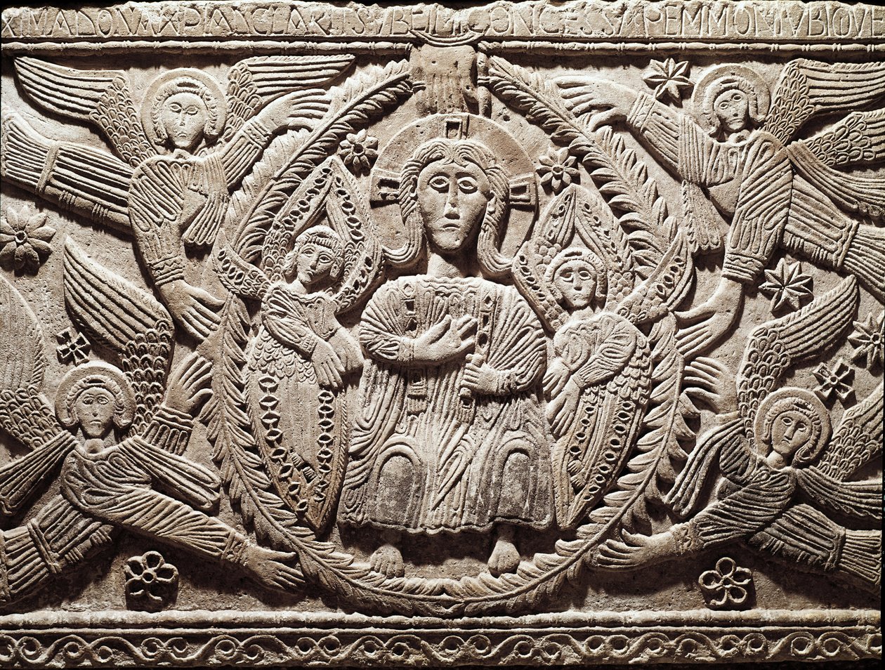 Lombardische kunst: Christus in glorie, laag reliëf van het altaar van Hertog Rachis (Ratchis of Ratgis) - Beeldhouwwerk, Lombardische kunst, 737-744 Cividale del Friuli, Chretien Museum, schat van de kathedraal door Lombard School