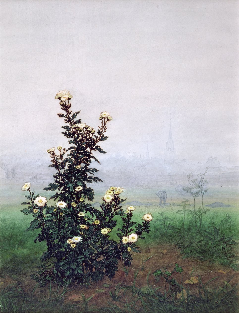 Bloeiende chrysant met arbeider door Léon Bonvin