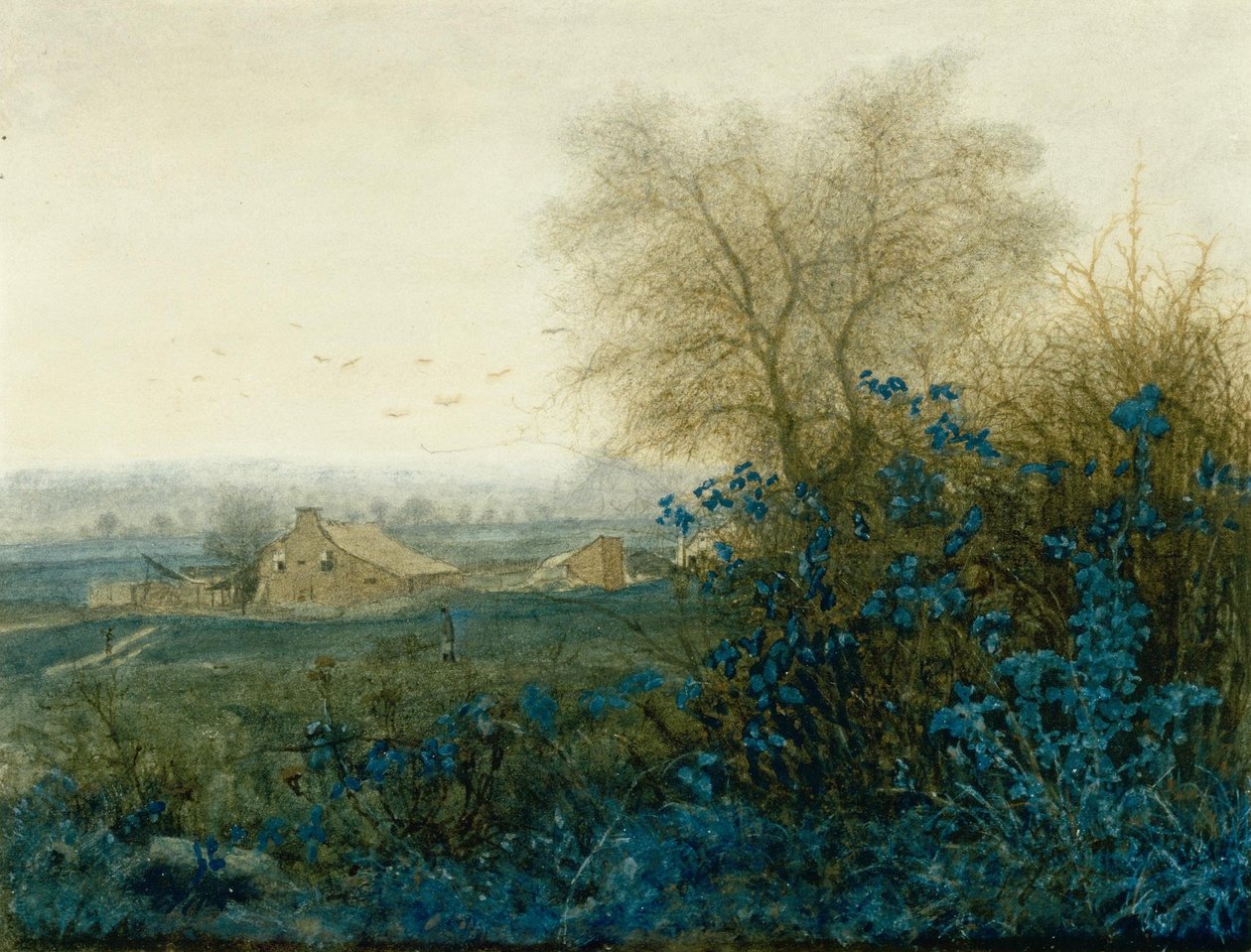 Landschap met een boerderij en een boer met een kruiwagen door Léon Bonvin