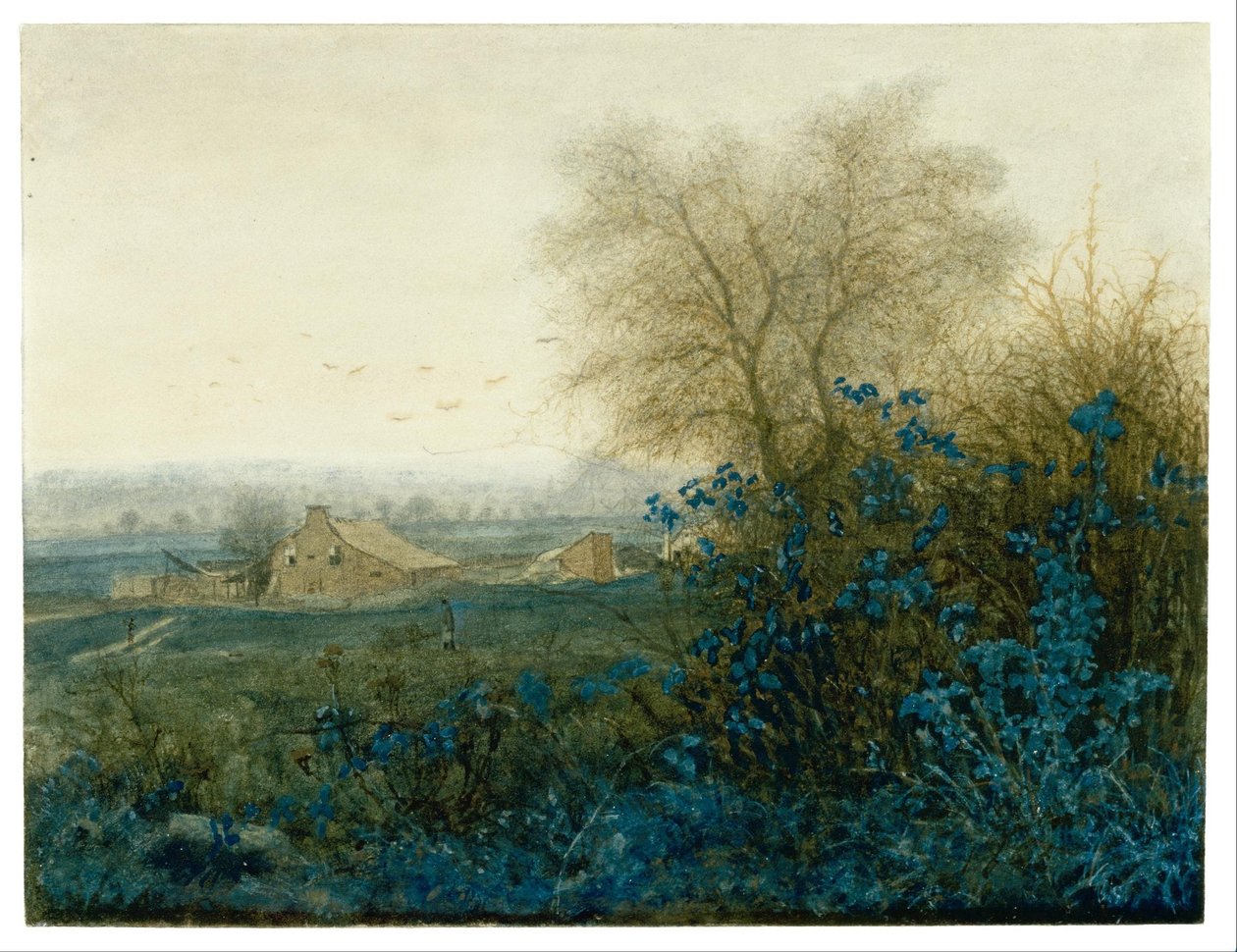 Landschap met een boerderij en een boer die een kruiwagen voortbeweegt door Léon Bonvin