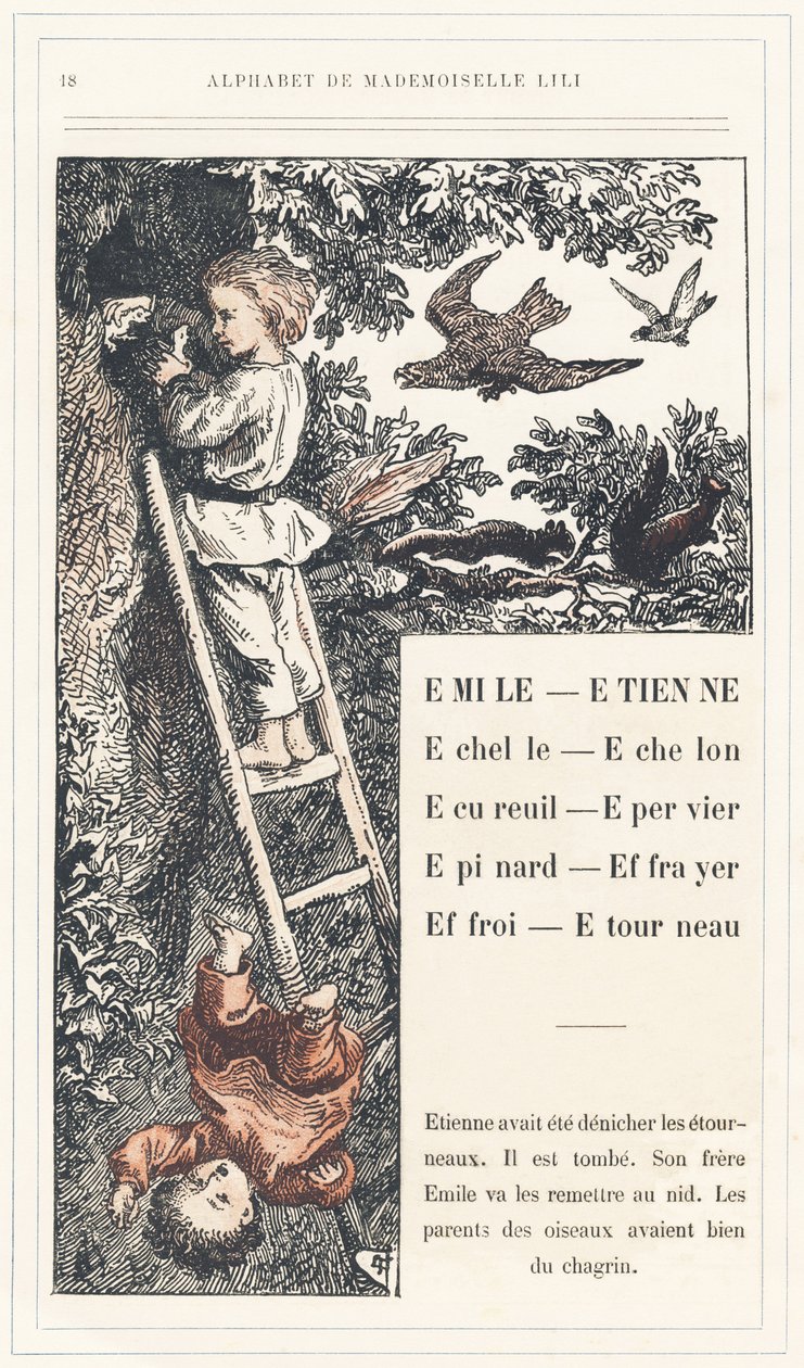 Emile, Etienne, Echelle, Echelon, Eekhoorn, Mus, Spinazie, Vogelverschrikker, Farry, Stourneau, pagina 18 - Alfabet door juffrouw Lili, door L. Froelich en door een vader (Hetzel zelf). Bibliotheek & Magasin d