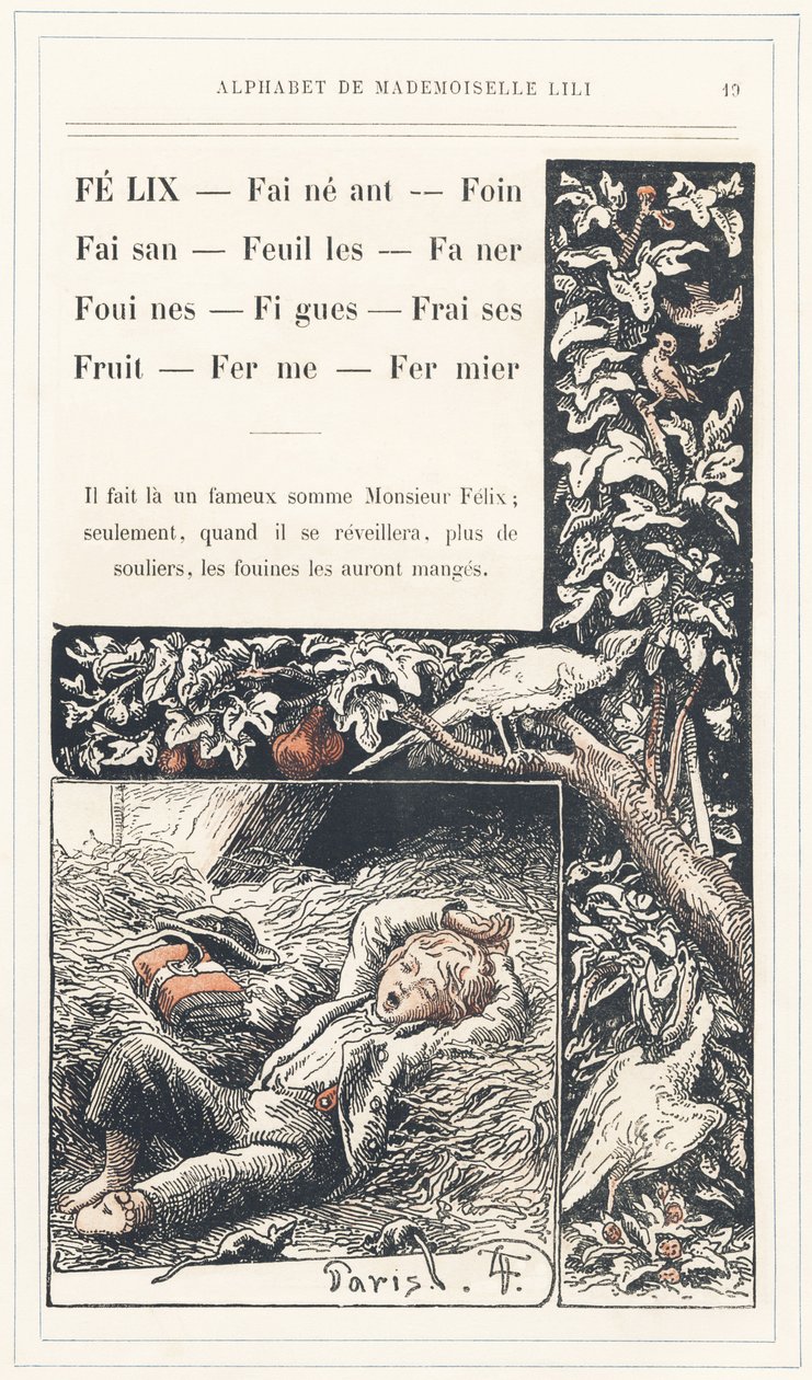 Felix, Leg, Hooi, Fazant, Bladeren, Faner, Wezels, Vijgen, Aardbeien, Fruit, Boerderij, Boer, pagina 19 - Alfabet door Mademoiselle Lili, door L. Froelich en door een vader (Hetzel zelf). Bibliotheek & Magasin d