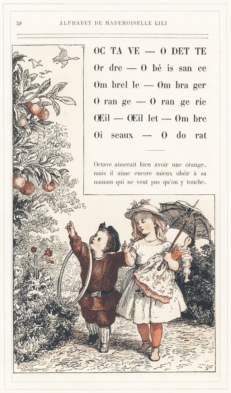 Octave, Odette, Orde, Gehoorzaamheid, Paraplu, Schaduw, Sinaasappel, Orangerie, Oog, Anjer, Schaduw, Vogels, Geur, pagina 28 - Alfabet van Juffrouw Lili, door L. Froelich en door een vader (Hetzel zelf). Bibliotheek & Magazijn voor Onderwijs en Recreatie J door Lorentz Froelich