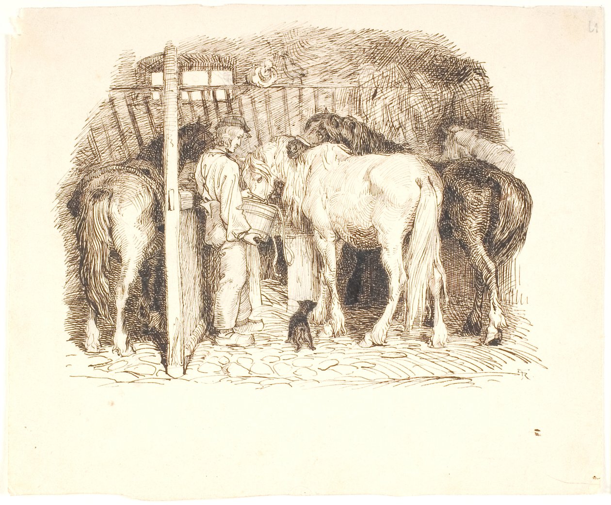 Paarden in een stal krijgen water van een jongen door Lorenz Frølich