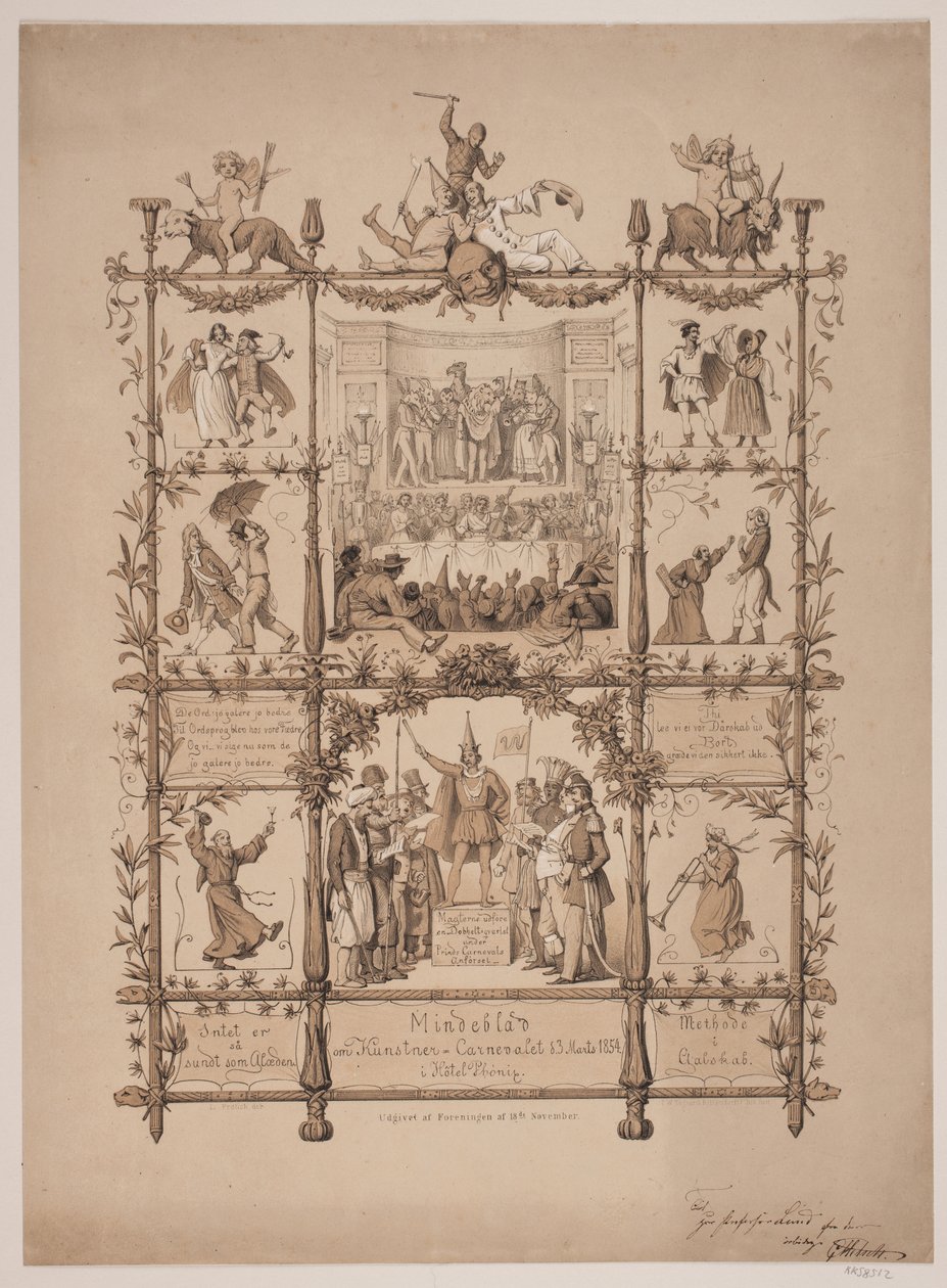 Herdenkingsblad van het kunstenaarscarnaval op 3 maart 1854 door Lorenz Frølich