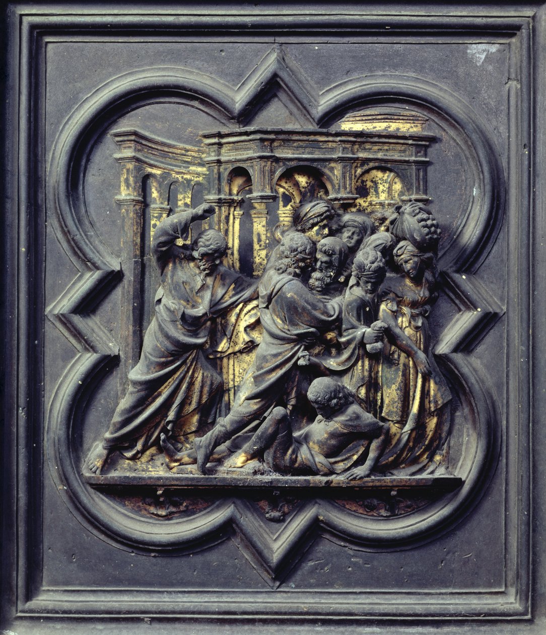 Christus verjaagt de kooplieden uit de tempel, zevende paneel van de noorddeuren van de Baptisterium van San Giovanni, 1403-24 door Lorenzo Ghiberti