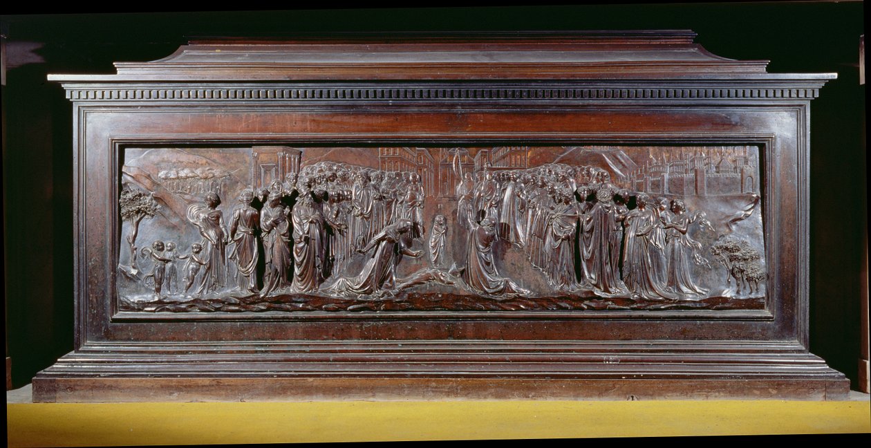 Het heiligdom van St. Zenobius met een lang paneel dat het wonder van de Strozzi-jongen toont. c.1432-42 (brons) door Lorenzo Ghiberti
