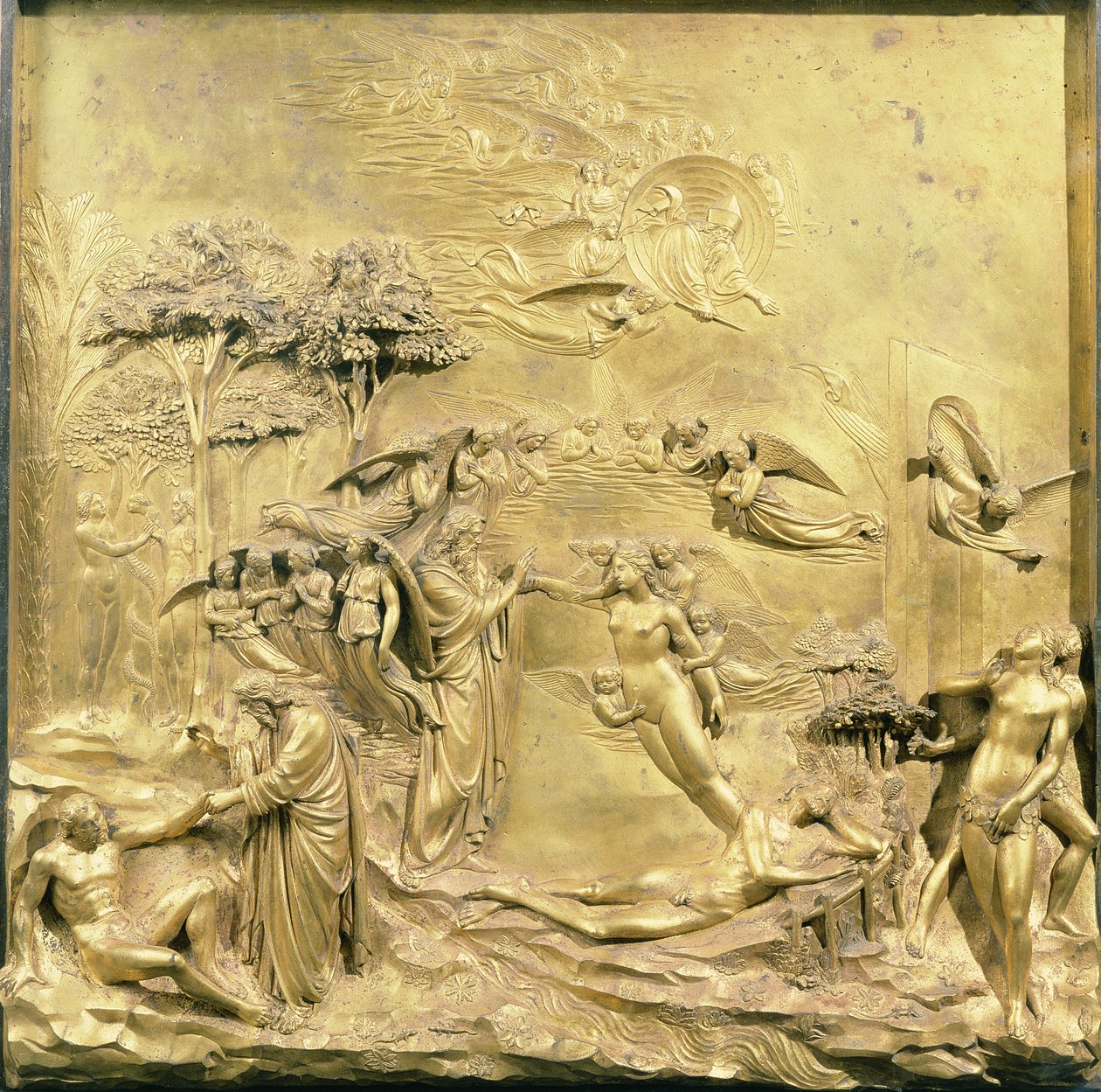 Het Verhaal van Adam, een van de originele panelen van de Oostdeuren van de Doopkapel, 1425-52 (na restauratie) door Lorenzo Ghiberti