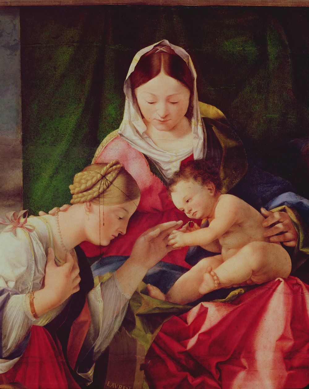 Detail van Het mystieke huwelijk van Sint-Catharina door Lorenzo Lotto