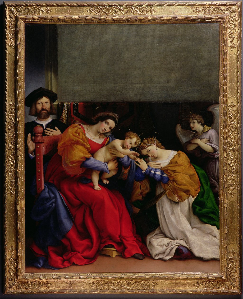 Het mystieke huwelijk van St. Catherine met de patroon Niccolo Bonghi, 1523 door Lorenzo Lotto