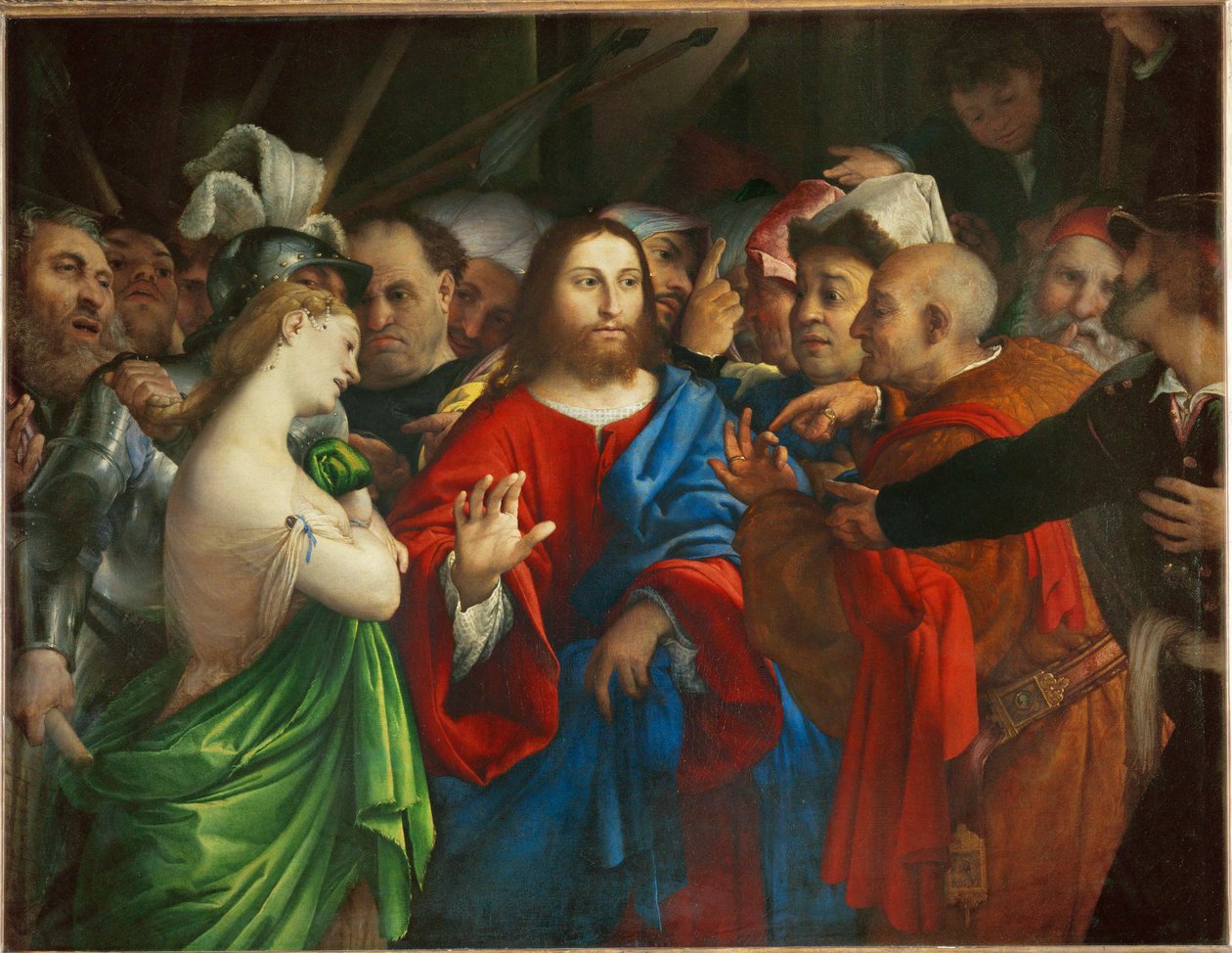 Le Christ et la femme adultere - Christus en de overspelige vrouw ... door Lorenzo (workshop of) Lotto