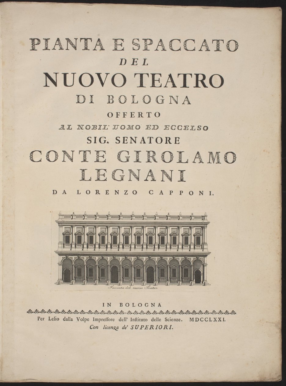 Plattegrond en Doorsnede van het Nieuwe Theater van Bologna door Lorenzo Capponi, after Antonio Galli Bibiena