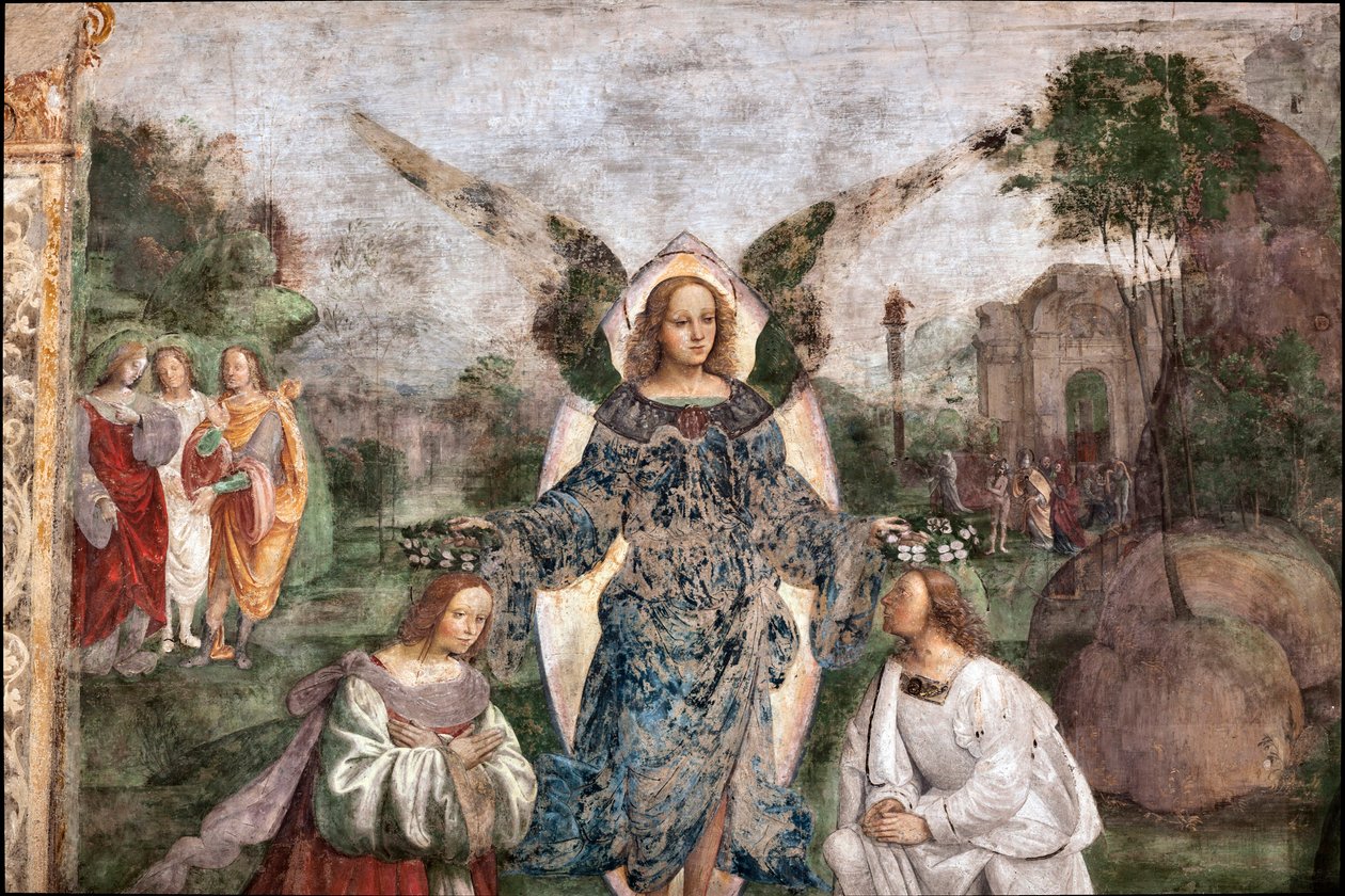 Leven van St. Cecilia: Valerianus en Cecilia gekroond door een engel (detail) door Lorenzo Costa