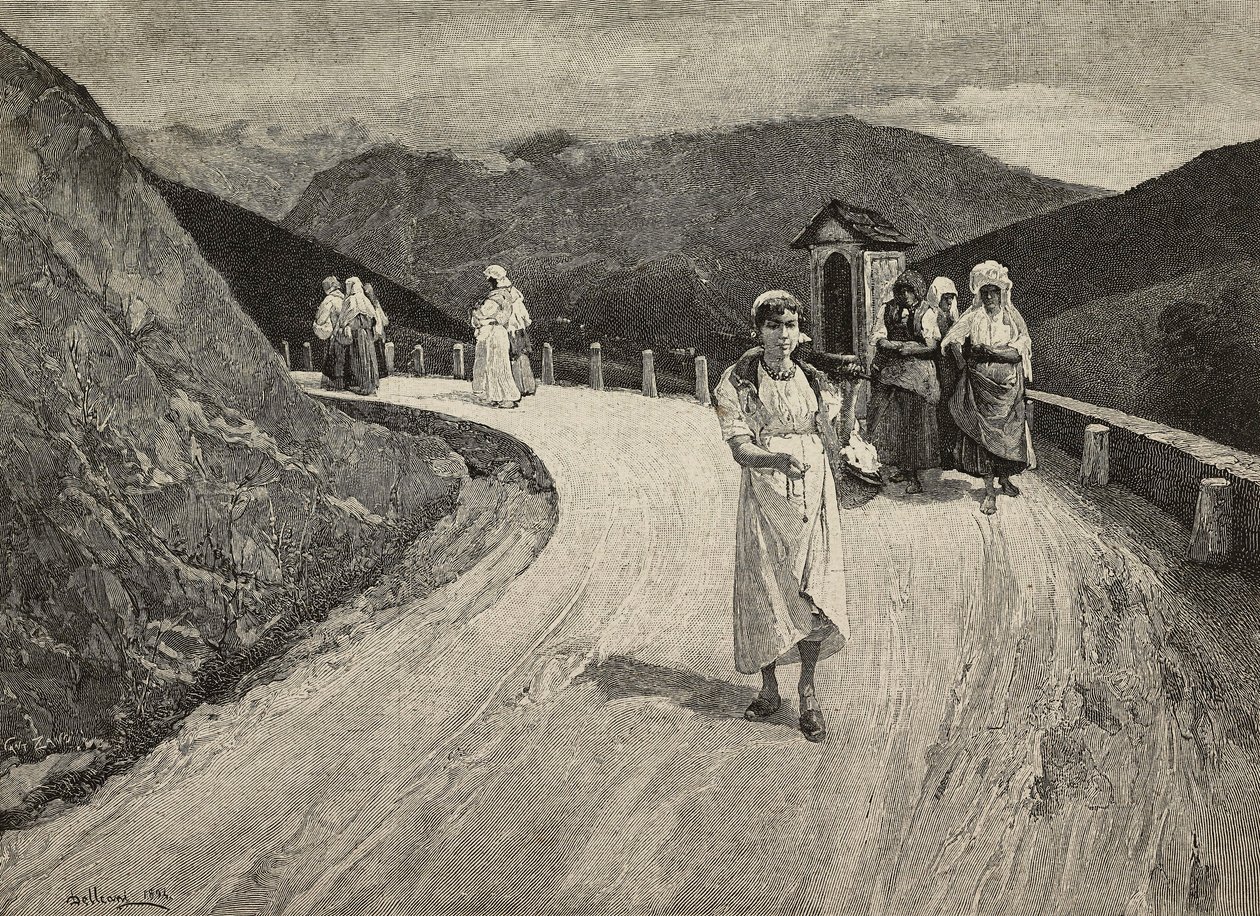Op de Heilige Weg, vrouwelijke pelgrim die langs het pad loopt, Brera, Verenigde Tentoonstellingen, Milaan, Italië, gravure door F Cantagalli naar schilderij van Lorenzo Delleani (1840-1908) uit L