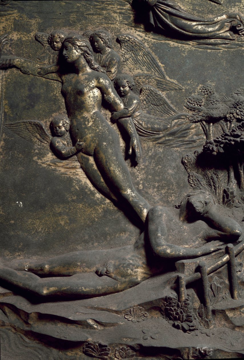 Schepping van Eva uit de rib van Adam. Detail van de Oriëntaalse Deur genaamd Paradijs, houtsnijwerk door Lorenzo Ghiberti