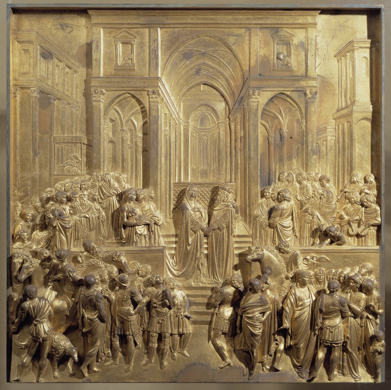De ontmoeting van koning Salomo en de koningin van Sheba. Origineel paneel van de deur van het Paradijs door Lorenzo Ghiberti