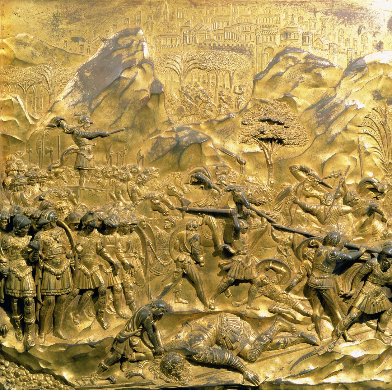 Het verhaal van David en Goliath, origineel paneel van de Oostdeuren van de Baptisterium, 1425-52 (post restauratie) door Lorenzo Ghiberti