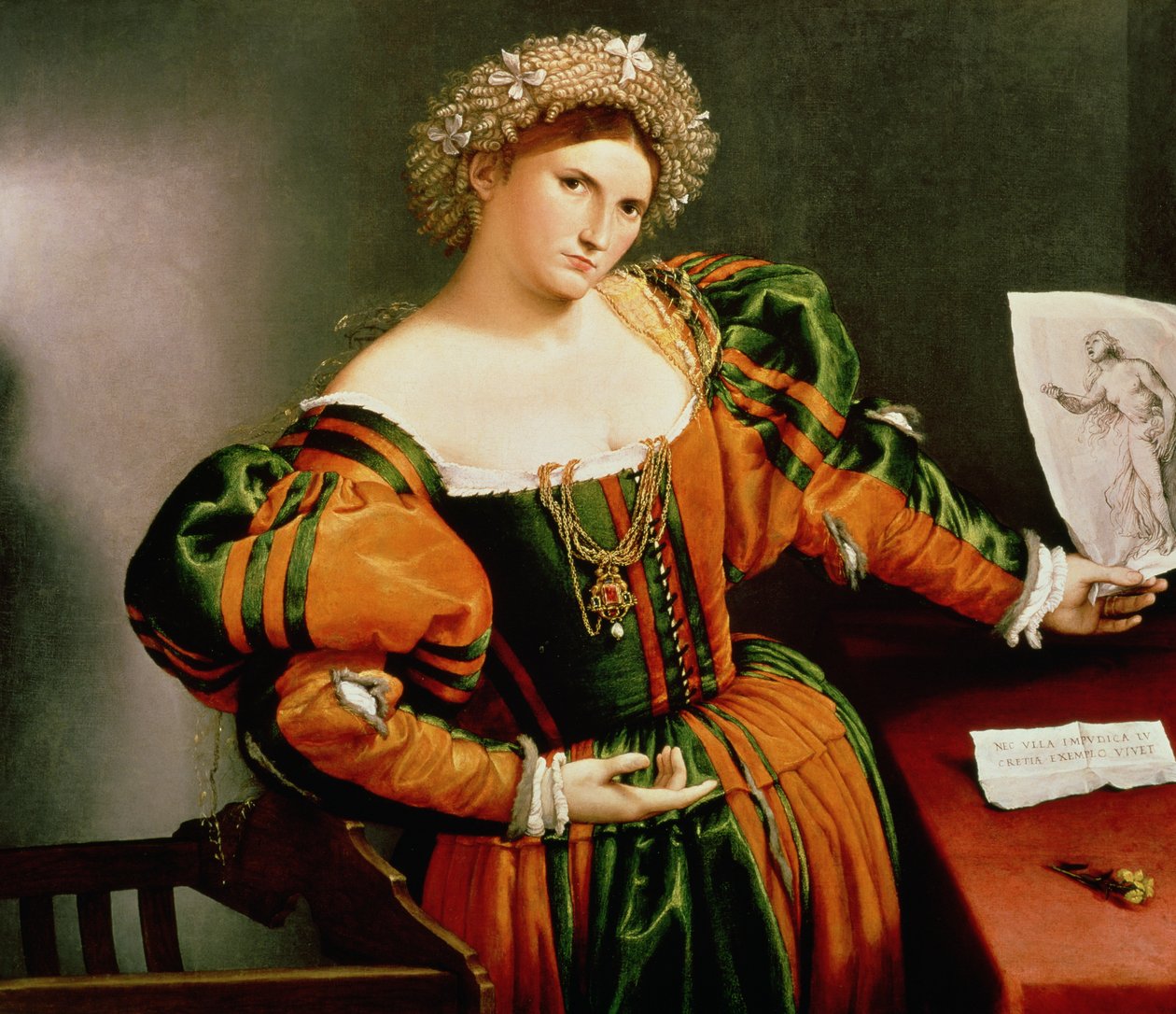 Een dame met een tekening van Lucretia door Lorenzo Lotto