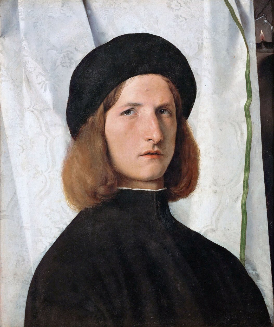 Duits: Bildnis eines Jünglings vor weißem Vorhang Portret van een jonge man met een lamp door Lorenzo Lotto