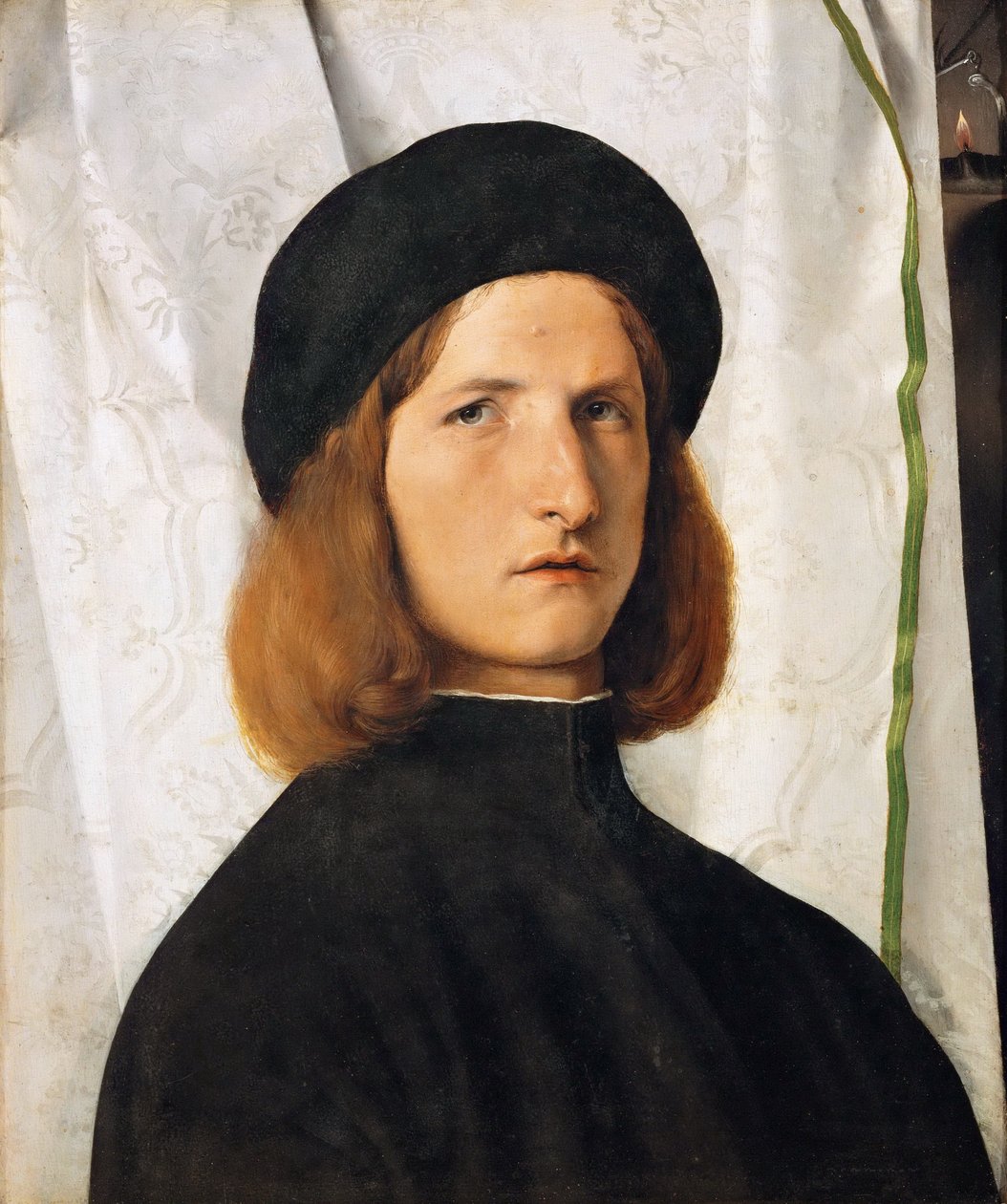 Duits: Porträt eines jungen Mannes mit Lampe Portret van een jonge man met een lamp door Lorenzo Lotto