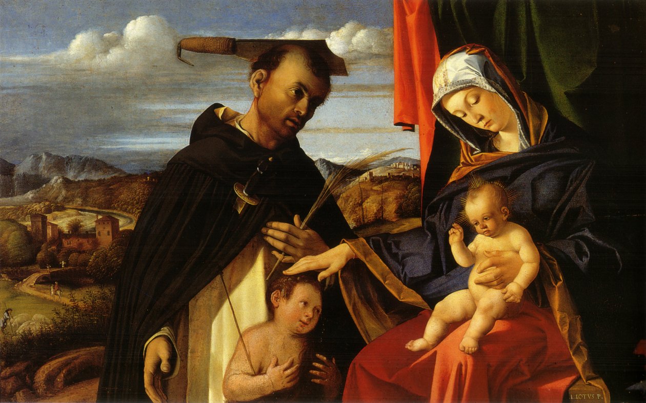 Italiaans:  Madonna col Bambino e San Pietro Martire Madonna en kind met de jonge Johannes de Doper en Petrus de Martelaar door Lorenzo Lotto