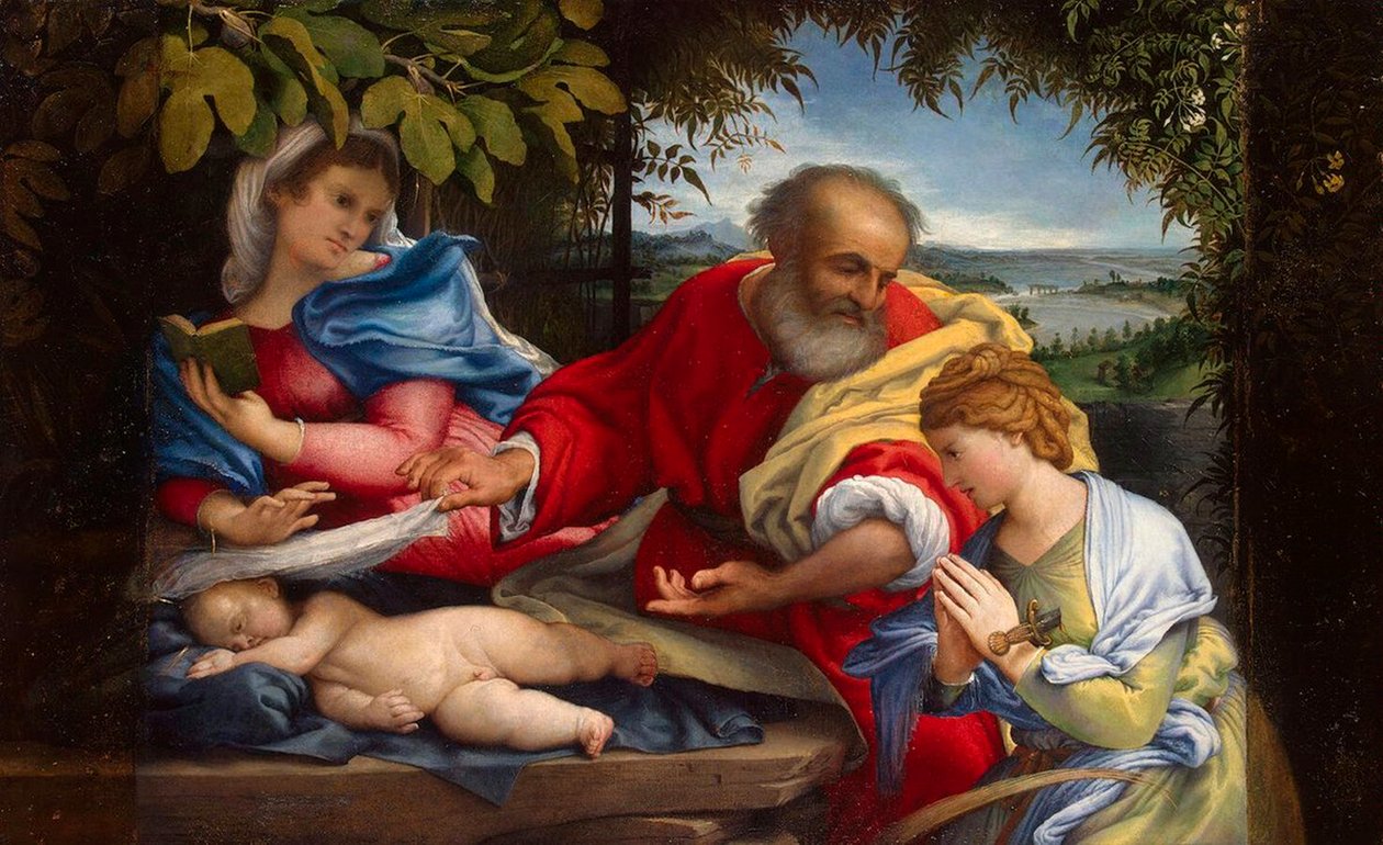 Rust tijdens de vlucht naar Egypte met Sint-Justina door Lorenzo Lotto