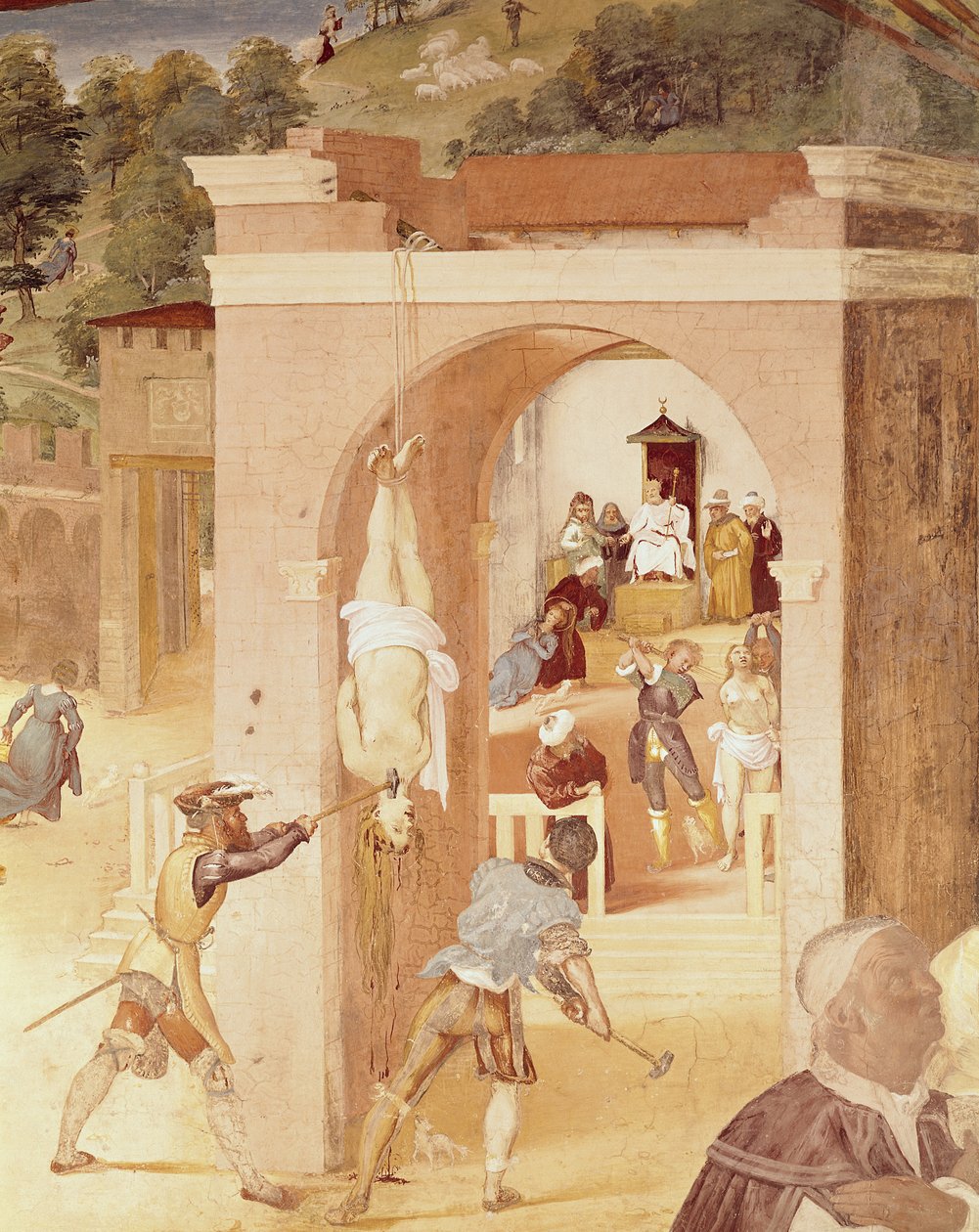 Scènes uit het leven van St. Barbara, detail van St. Barbara overgedragen aan de Romeinse prelaat Marcian en vervolgens gemarteld door Lorenzo Lotto