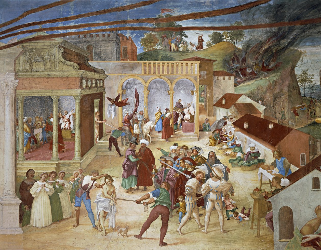St. Barbara die door de straten van de stad wordt geleid, detail van Christus-Wijnstok en Legende van Sint Barbara door Lorenzo Lotto (circa 1480 - 1556), fresco, detail, Villa Suardi, Capella Suardi, Trescore Balneario door Lorenzo Lotto