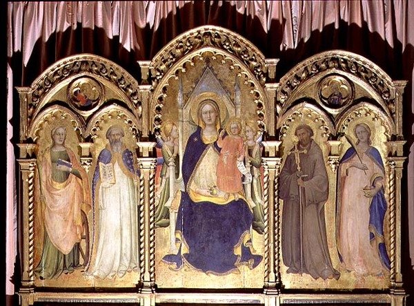 Madonna en Kind op de troon met HH. Lucia, Johannes Gualberto, Benedictus en Catharina, polyptiek 1413 door Lorenzo Monaco