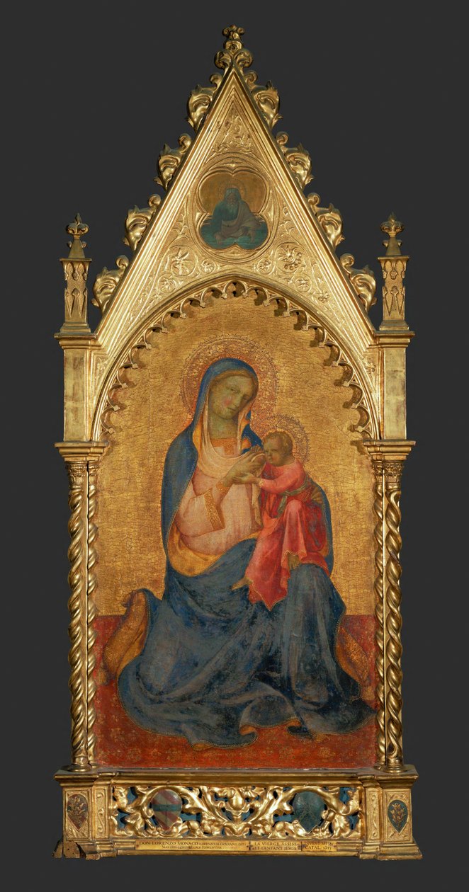 Madonna en kind, in het medaillon bovenaan: God-Vader ... door Lorenzo Monaco
