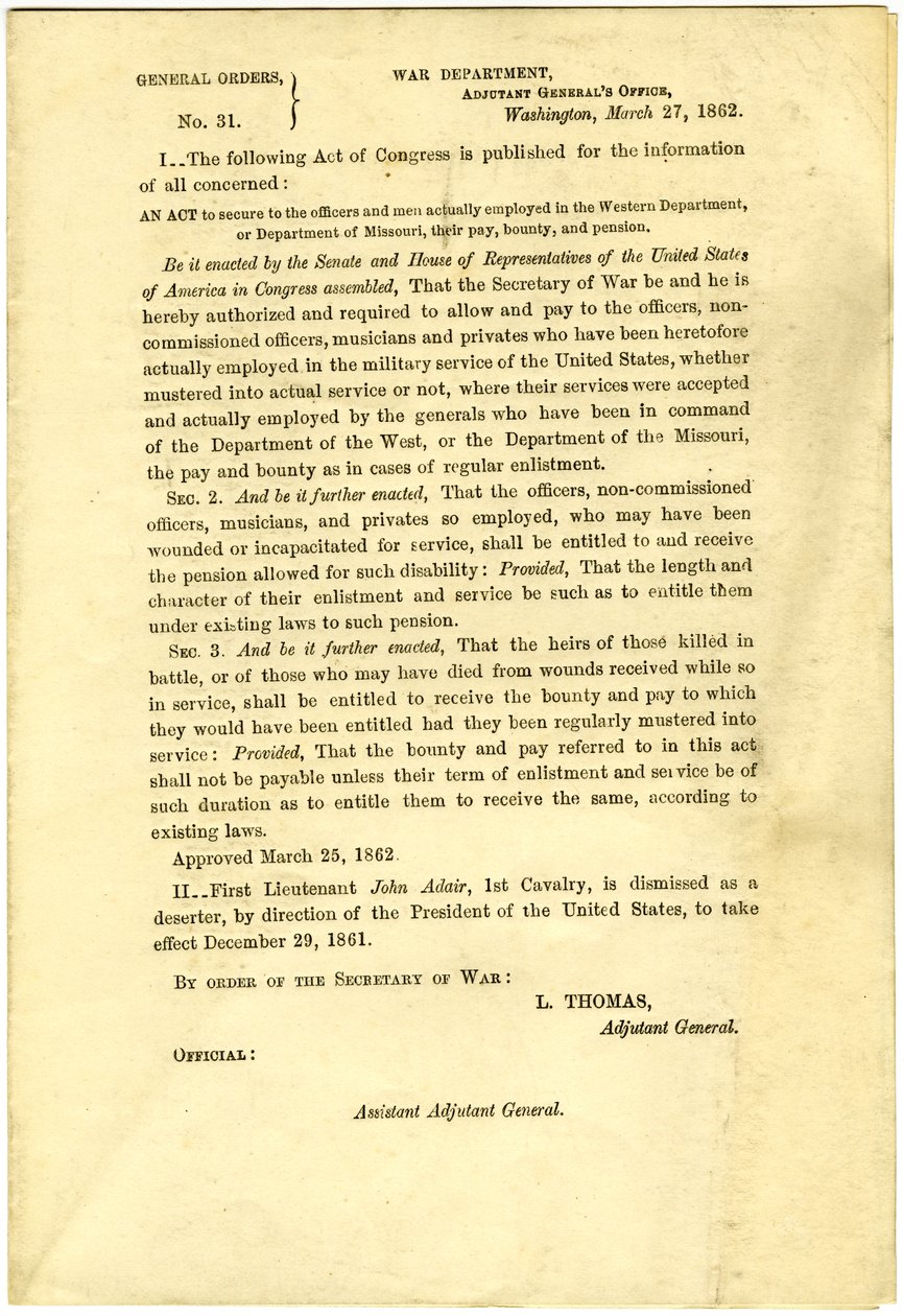 Publiceer een wet van het Congres die loon, premie en pensioen veiligstelt voor officieren en mannen die in het Western Department of Department of Missouri werken door Lorenzo Thomas