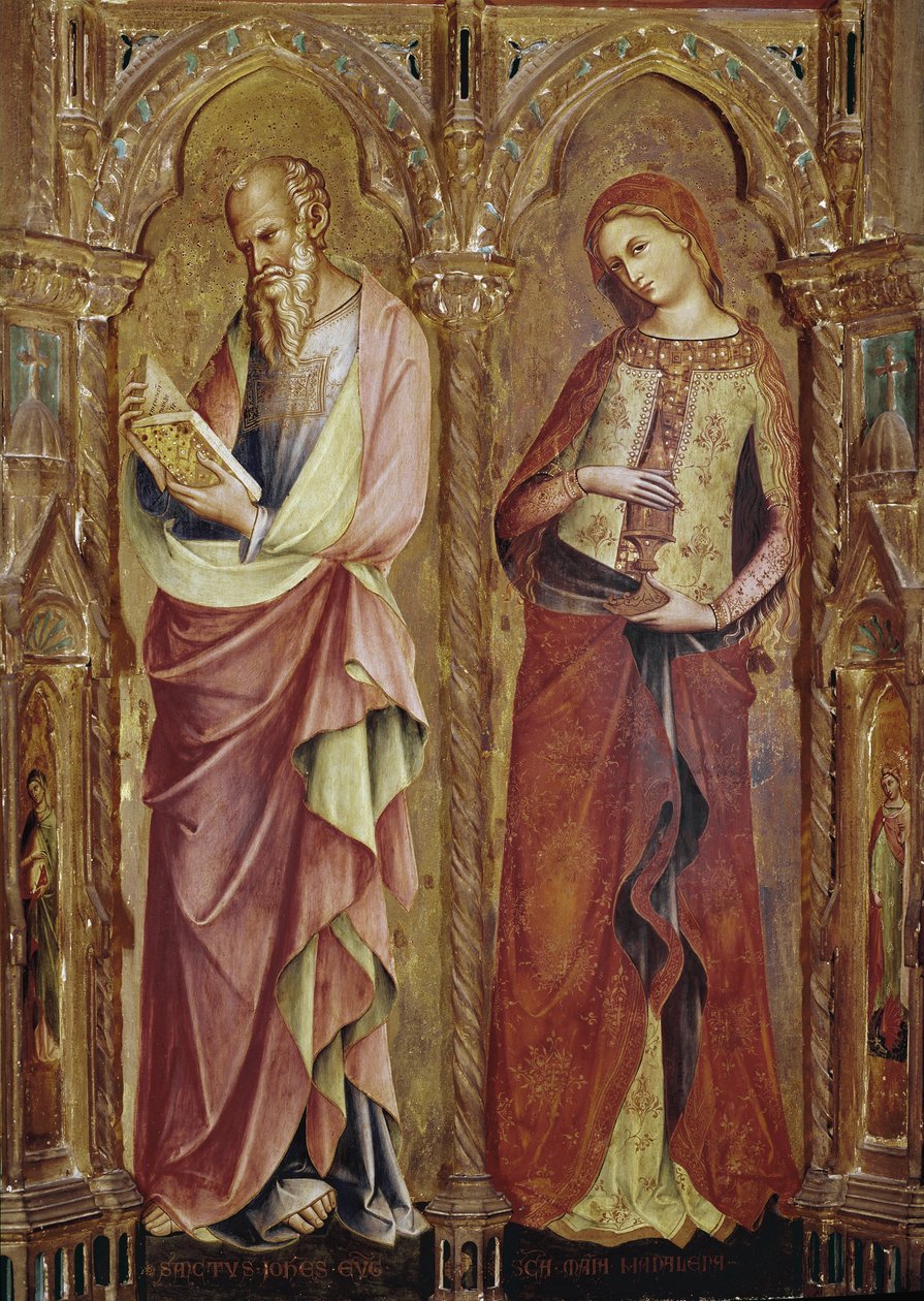 Sint Johannes de Evangelist en Sint Maria Magdalena - Detail van het polyptiek van de Annunciatie (1357, tempera en bladgoud op hout) door Lorenzo Veneziano