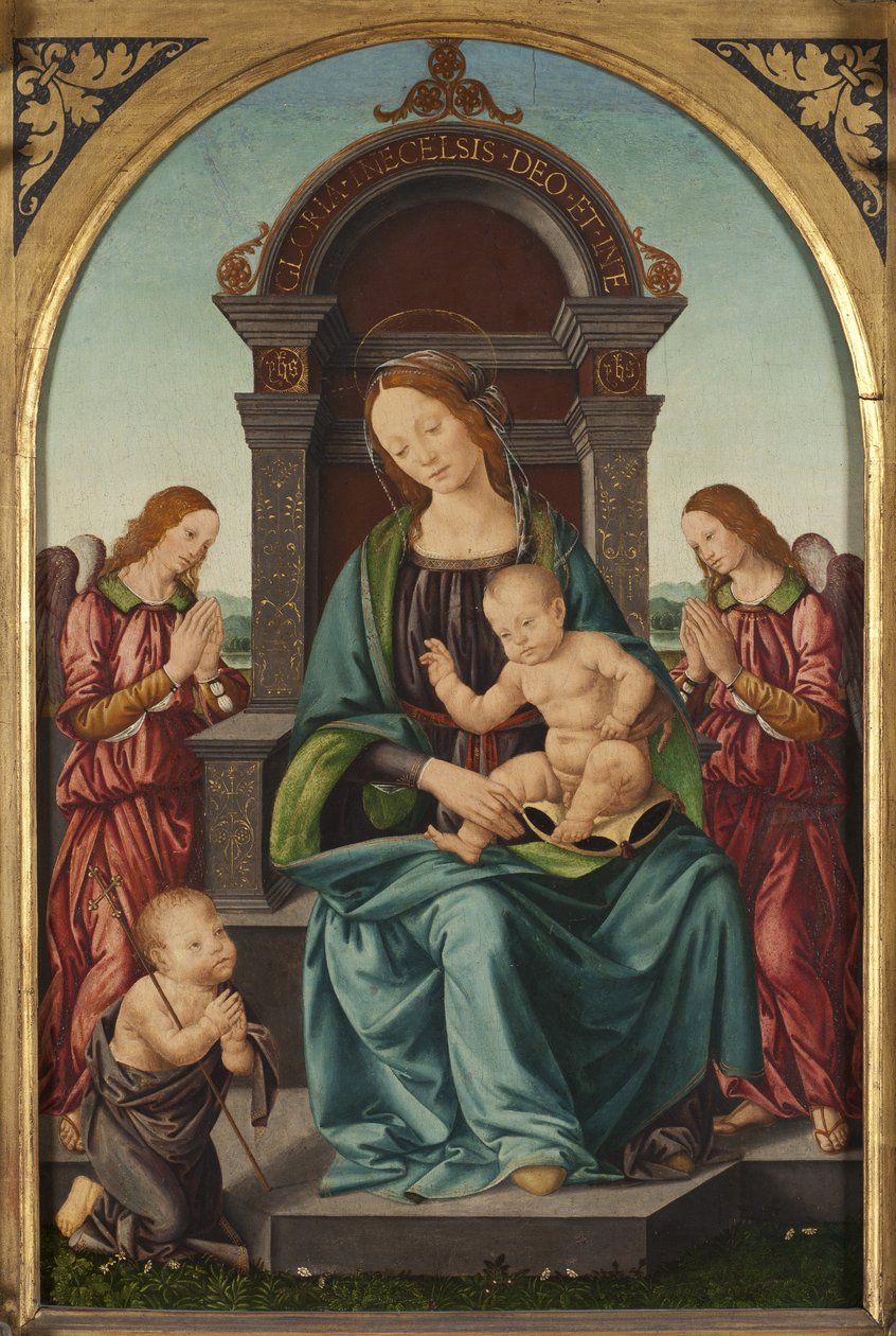 De Madonna en Kind met de jonge Sint Jan en twee engelen door Lorenzo di Credi